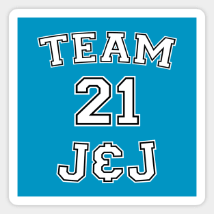 Vaccine pride: Team J&J (white college jersey typeface with black outline) Magnet